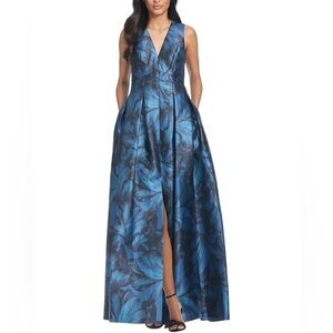 Sachin & Babi Brooke blue printed mikado gown size 4